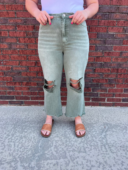 Washed Distressed Cropped Jeans